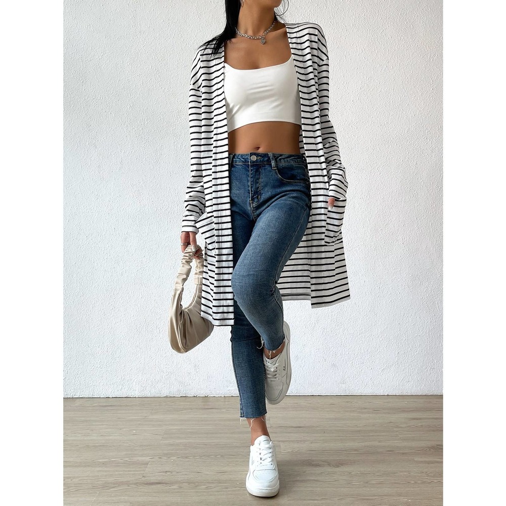 Striped Open Front cardigan sweater white - Picture 6 of 6